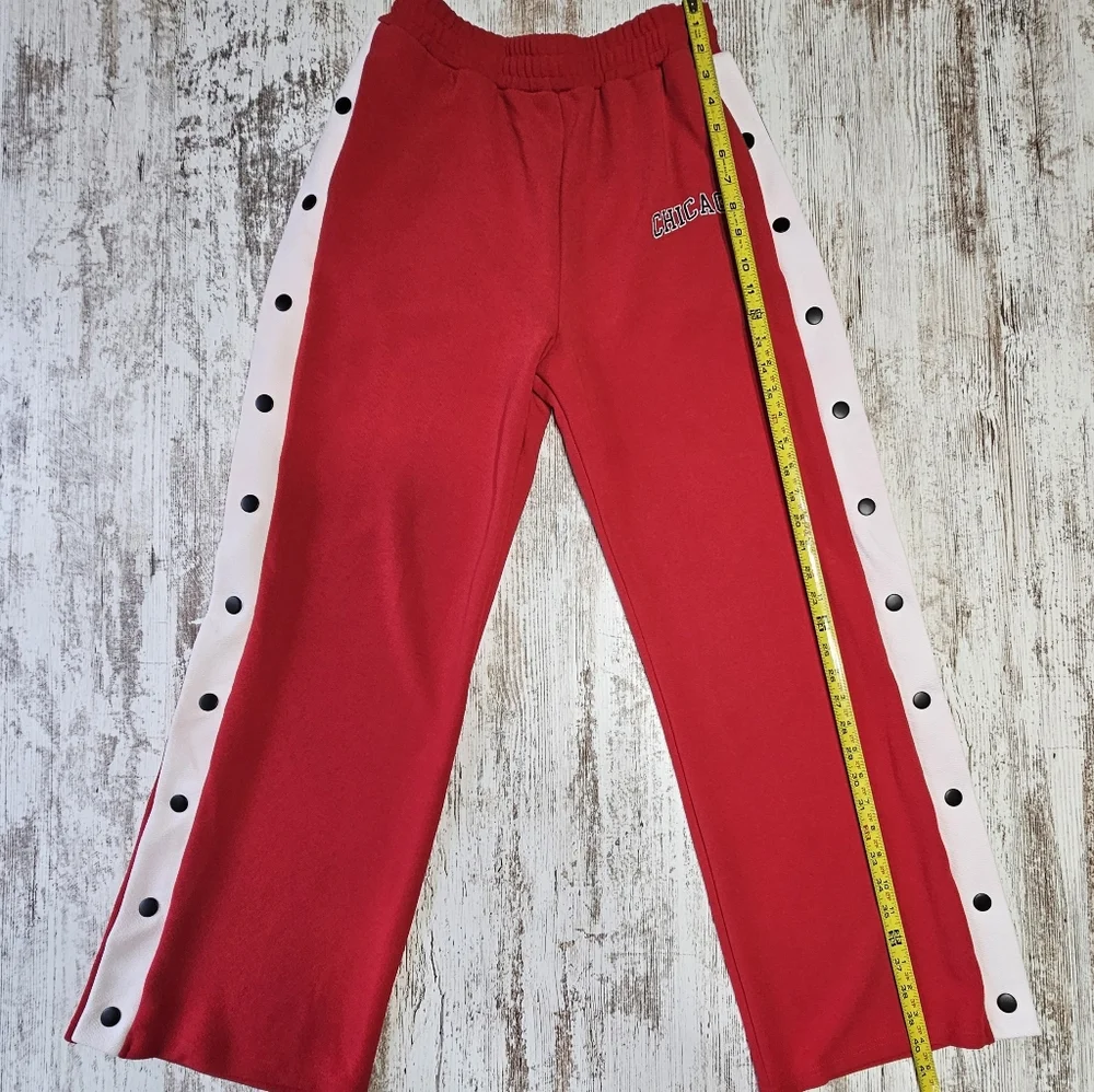Lazy Sunday Chicago Snap Button Tear Away Womens Wide Leg Sweat Pants Red White - Picture 3 of 8